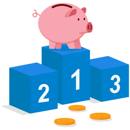 Pink piggy bank standing on first podium  Illustration