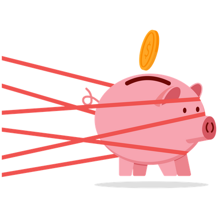 Pink piggy bank tied up with tape trying to run away  Illustration