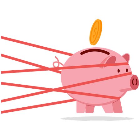 Pink piggy bank tied up with tape trying to run away  Illustration