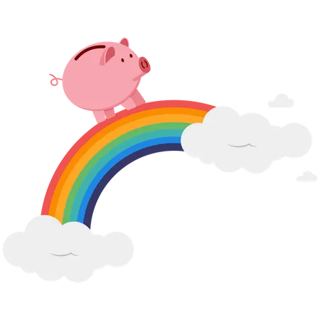 Pink piggy bank walking on colorful rainbow in sky  Illustration