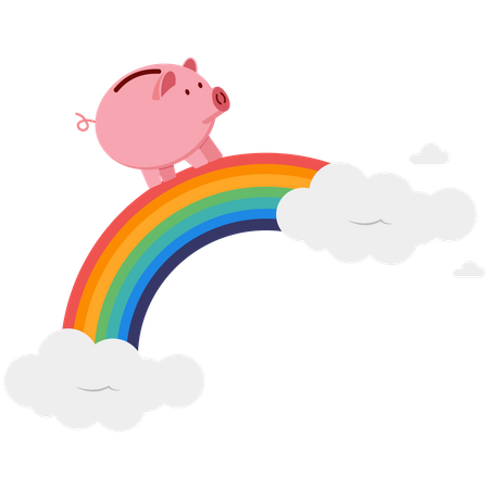 Pink piggy bank walking on colorful rainbow in sky  Illustration