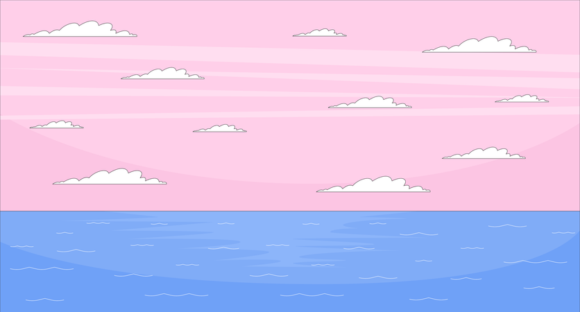 穏やかな海に映えるピンク色の夕焼け空  イラスト
