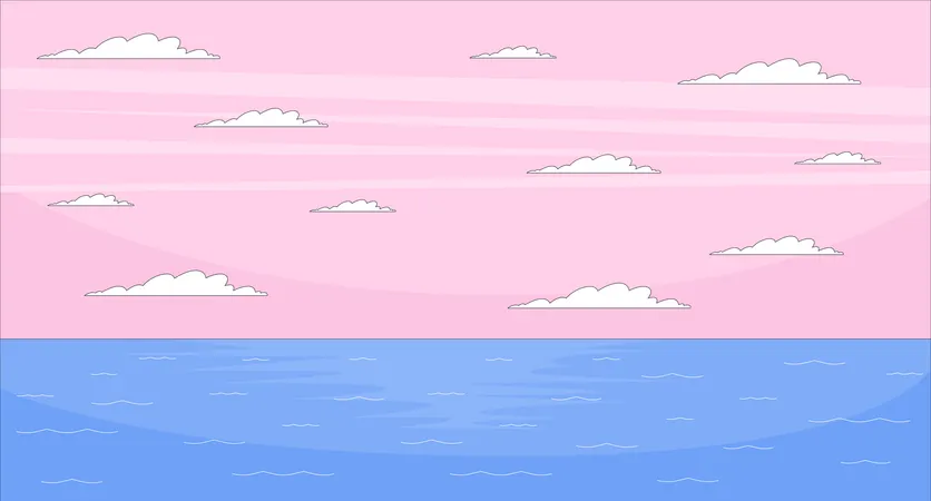 穏やかな海に映えるピンク色の夕焼け空  イラスト