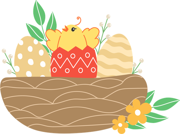Pintinhos e ovos pintados no ninho  Ilustração