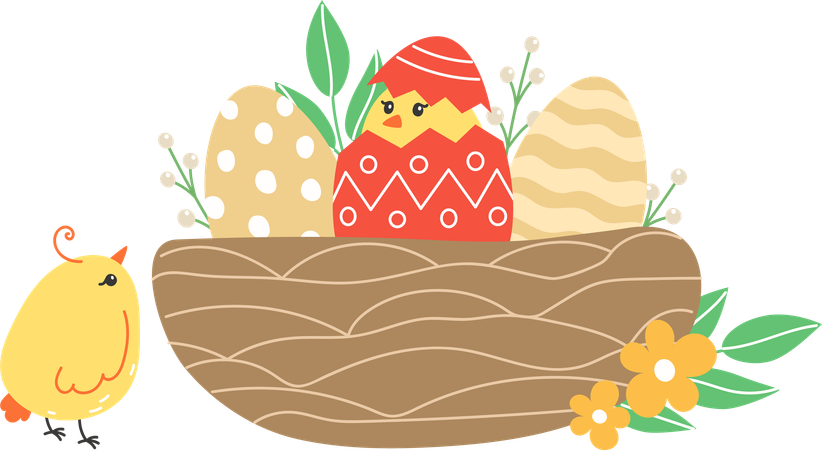 Pintinhos e ovos pintados no ninho  Ilustração