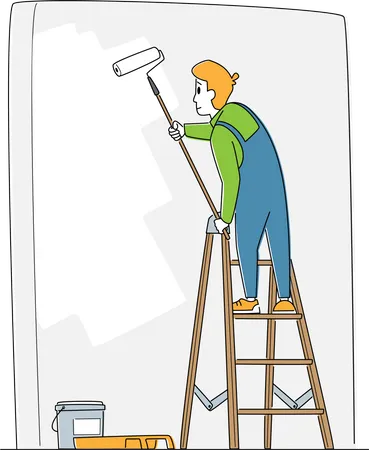 Parede De Pintura De Personagem De Trabalhador De Reparo Domestico Com Rolo Mestre De Construcao Profissional Em Macacao Uniforme Em Escada Com Balde De Tinta E Equipamentos Servico De Faz Tudo Ilustracao Vetorial Linear Ilustração