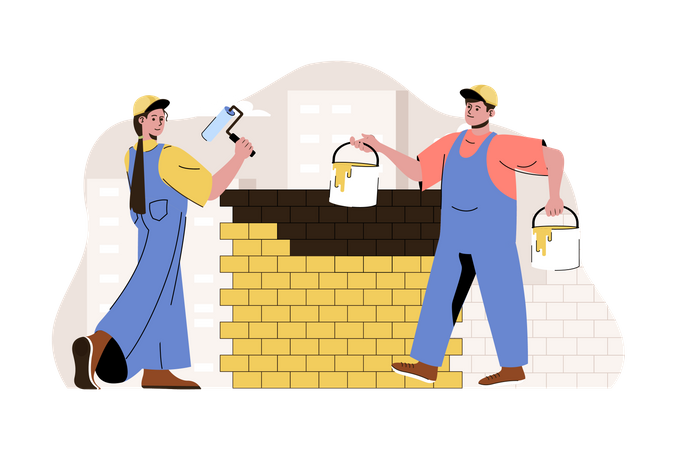 Pintores pintando en el sitio de construcción  Ilustración