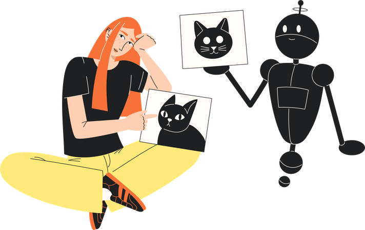 Pintura hecha por humanos versus imagen generada por IA  Ilustración