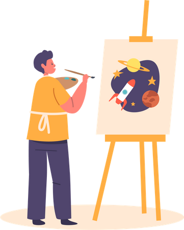 Niño pintando espacio y cohete en caballete  Ilustración