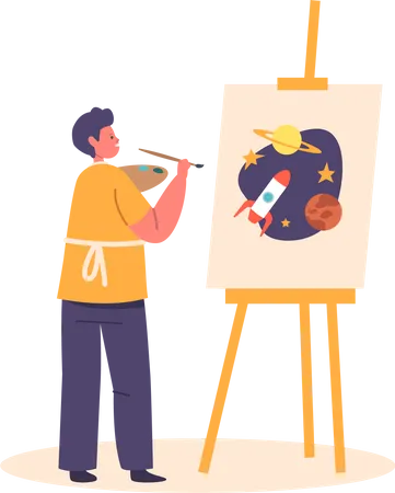 Niño pintando espacio y cohete en caballete  Ilustración