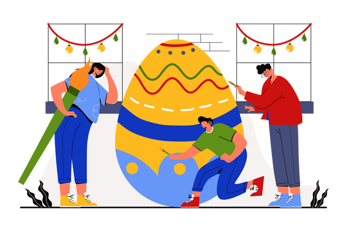 Pintando ovo no domingo de Páscoa  Ilustração