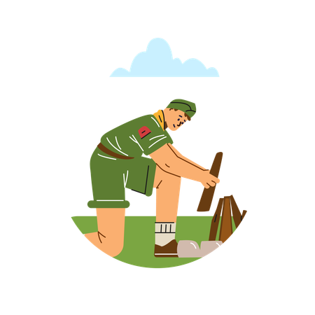 Pionierjunge zündet Feuer im Lager an  Illustration