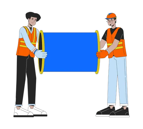 Pipeline Contractors Carrying Metal Pipe 2 D Linear Cartoon Characters Diverse Male Constructors Isolated Line Vector People White Background Pipe Construction Color Flat Spot Illustration Illustration