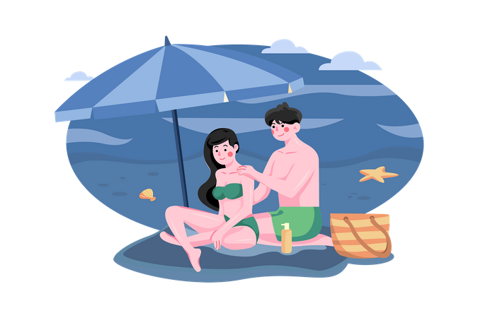 Piquenique romântico na praia  Ilustração