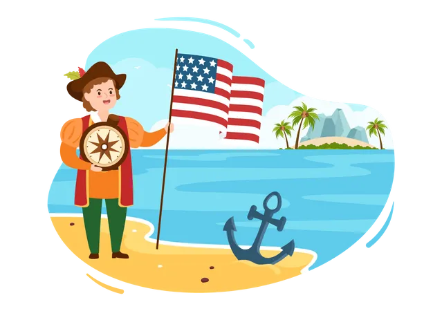 Pirat mit Kompass und USA-Flagge  Illustration