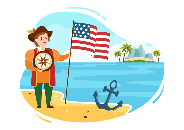 Pirata con brújula y bandera de Estados Unidos  Ilustración