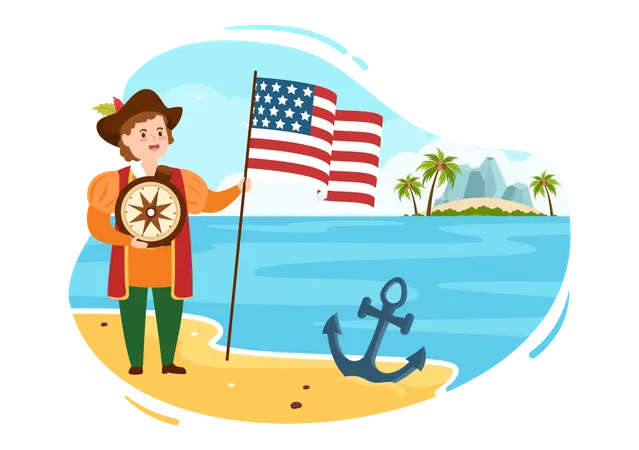 Pirata con brújula y bandera de Estados Unidos  Ilustración