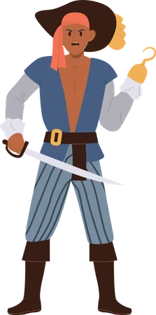 Pirata corajoso com gancho de ferro em vez de mão segurando zibelina em outra  Ilustração