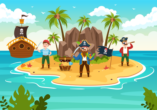 Pirata e salada menino na ilha  Ilustração