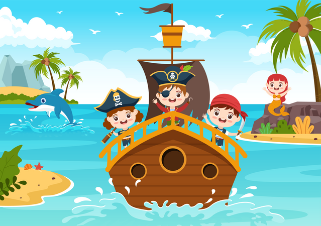 Pirata en barco en el mar  Ilustración