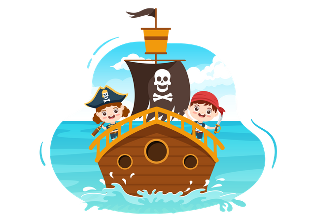 Pirata en barco en el mar  Ilustración