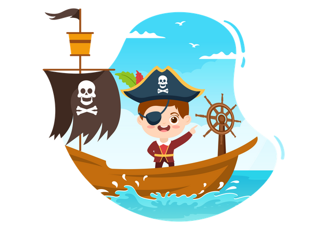 Pirata en barco en el océano  Ilustración