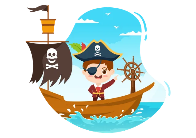 Pirata en barco en el océano  Ilustración