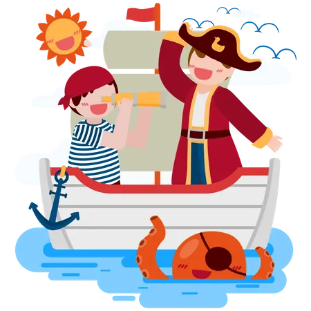 Homem pirata e menino salada usam binóculo em navio e lula no mar  Ilustração