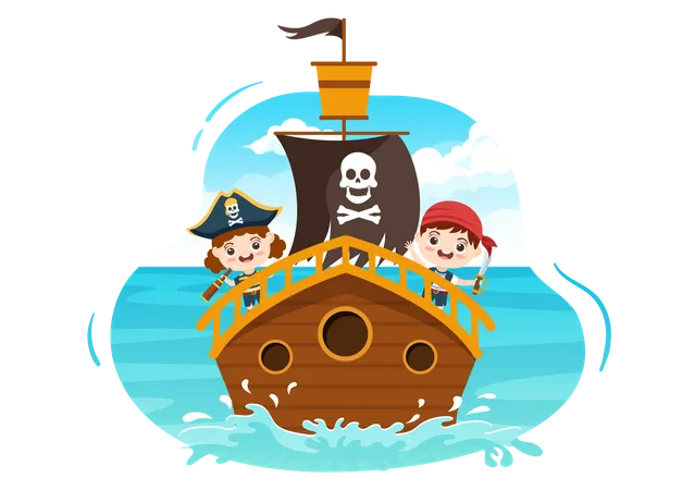 Ilustracao De Personagem De Desenho Animado Pirata Fofo Com Roda De Madeira Bau Caribe Vintage Piratas E Jolly Roger Em Navio No Mar Ou Ilha Ilustração