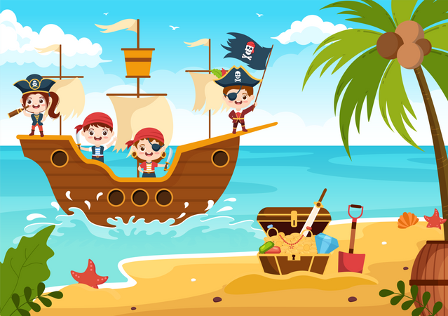 Pirata no navio no mar  Ilustração