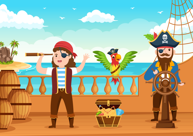 El pirata y el chico de la ensalada usan binoculares.  Ilustración