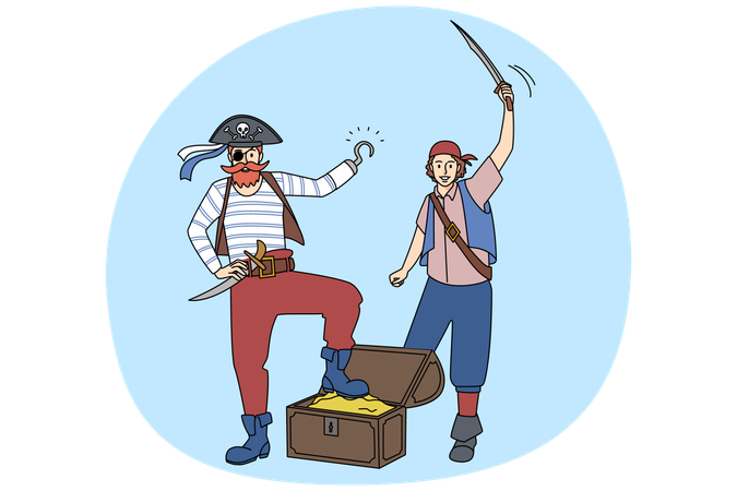 Piratas masculinos con joyas y tesoros  Ilustración