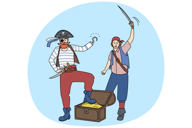Piratas masculinos con joyas y tesoros  Ilustración