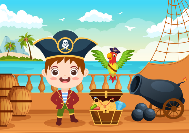 Piratas en barco en el mar  Ilustración