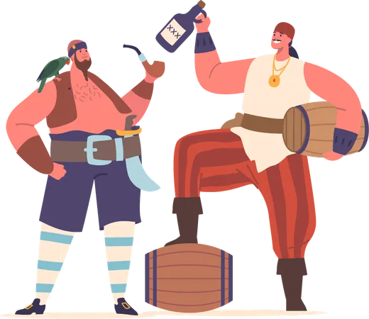 Personaje masculino de piratas agarrando un barril de ron  Ilustración