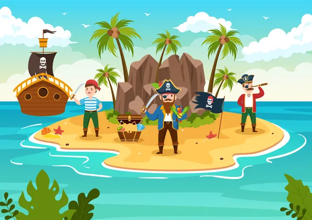 Pirate and salad boy on island  Illustration