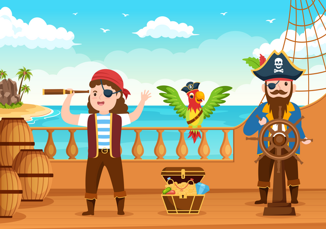 Pirate and salad boy use binocular  Illustration