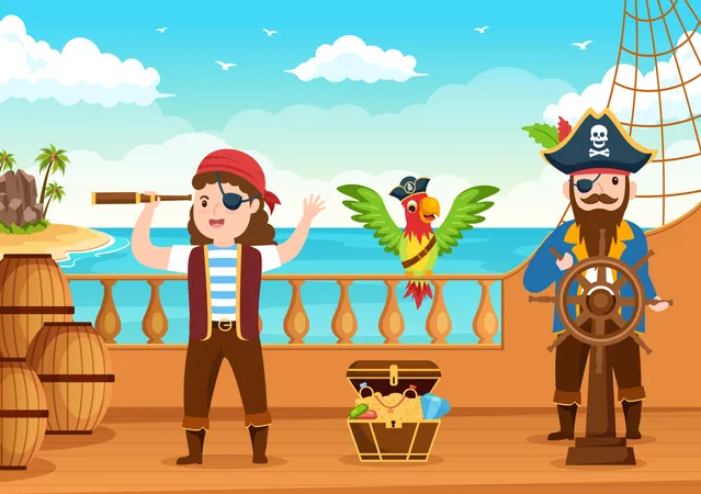 Pirate and salad boy use binocular  Illustration