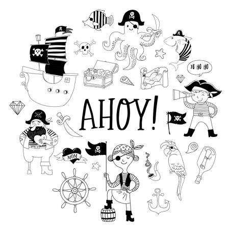 Pirate collection of hand drawn characters and icons  Illustration