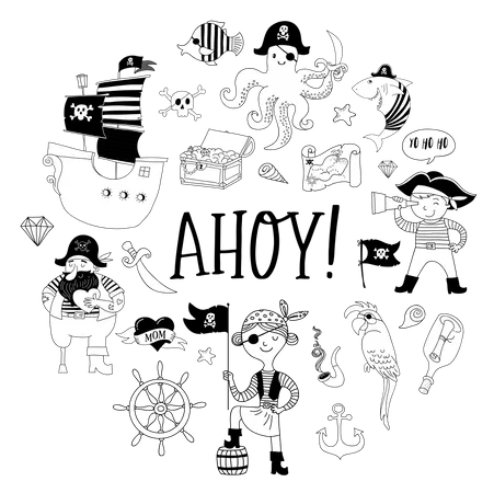 Pirate collection of hand drawn characters and icons  Illustration