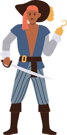 Pirate courageux avec crochet en fer au lieu de main tenant du sable dans un autre  Illustration