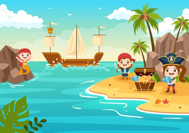 Cute Pirate Cartoon Character Illustration With Wooden Wheel Chest Vintage Caribbean Pirates And Jolly Roger On Ship On Sea Or Island Illustration