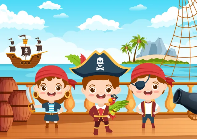 Pirate man and salad boy on ship Illustration