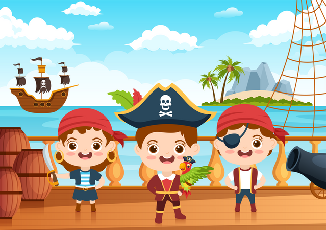 Pirate man and salad boy on ship  Illustration