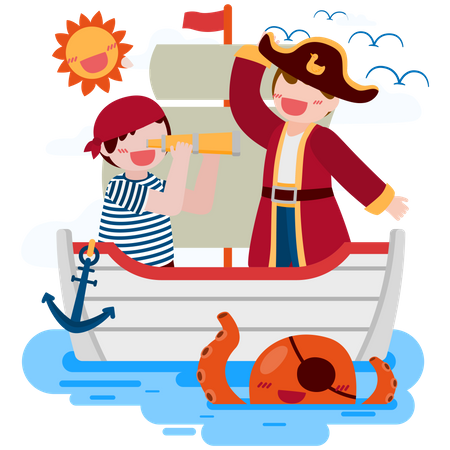 Pirate man and salad boy use binocular on ship and squid in the sea  Illustration