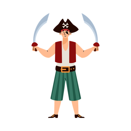 Pirate man standing holding two swords  Illustration