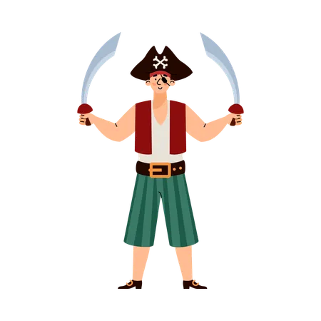 Pirate man standing holding two swords  Illustration