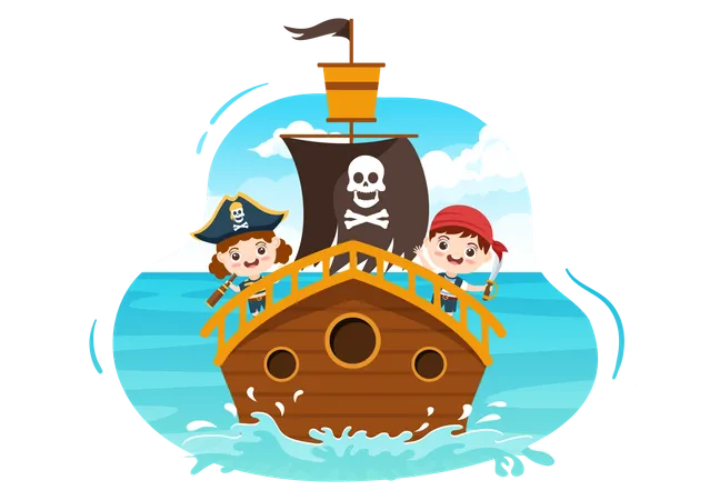 Pirate on boat in sea  Illustration