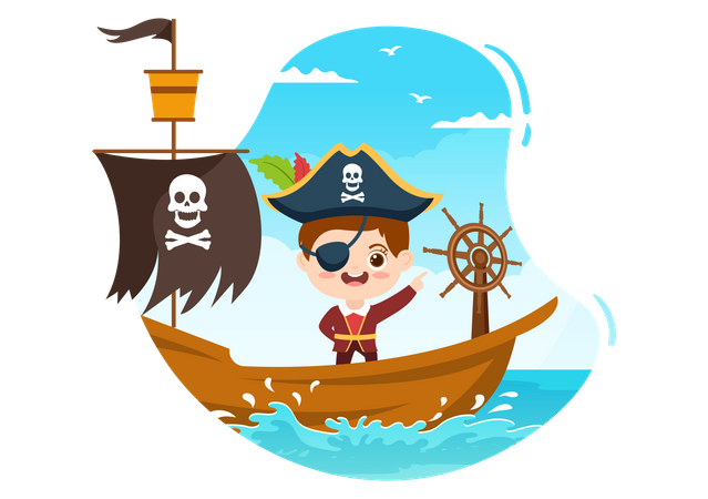 Pirate on ship in ocean  Illustration