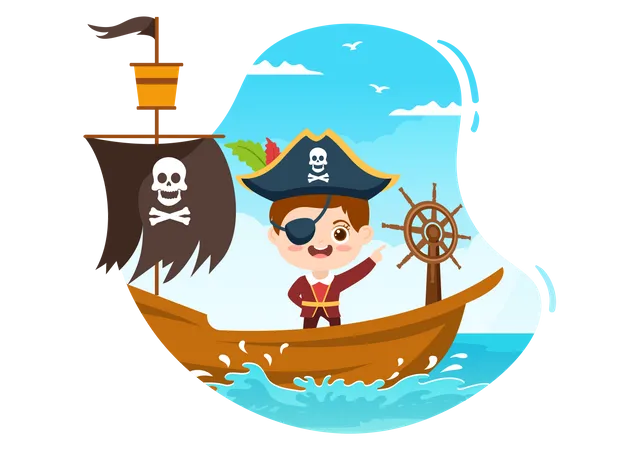 Pirate on ship in ocean  Illustration